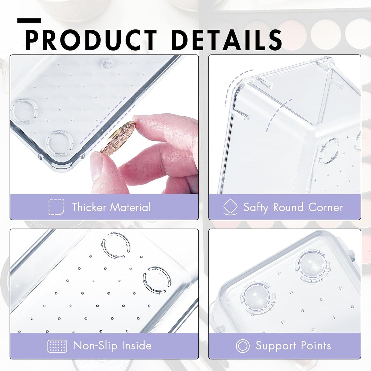 HOUSE DAY Desk Drawer Organizer Bins 4 PCS, 9*3*2" Clear Drawer Organizers with Silicone Pads, Vanity Organizers and Storage, Non Slip Plastic Drawer Organizer for Makeup, Bathroom, Kitchen, Office