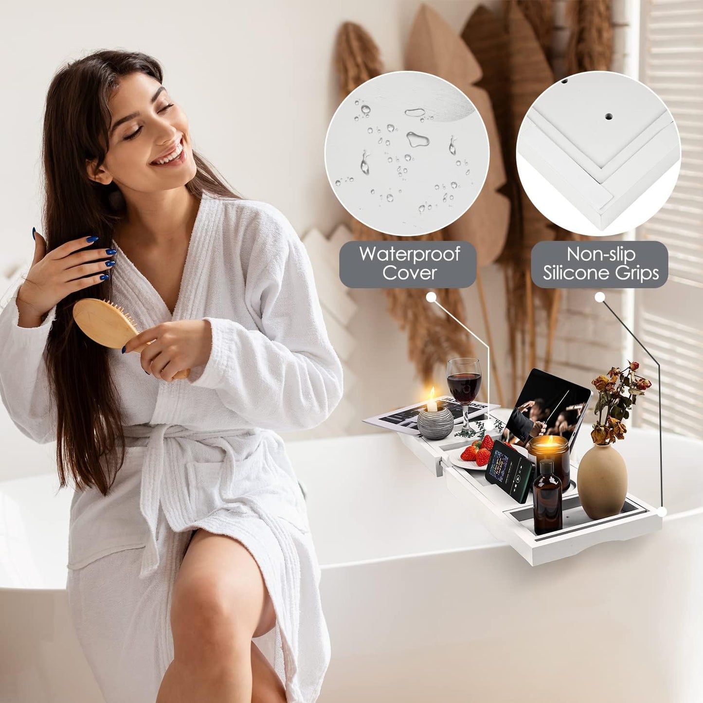 Foldable Bathtub Caddy Tray, Bamboo Bath Tub Tray Table for Tub with Wine Glass Holder Book Phone Tablet Holder with Extending Sides, Adjustable Bathroom Bathtub Free Soap Holder Gift Idea (White)