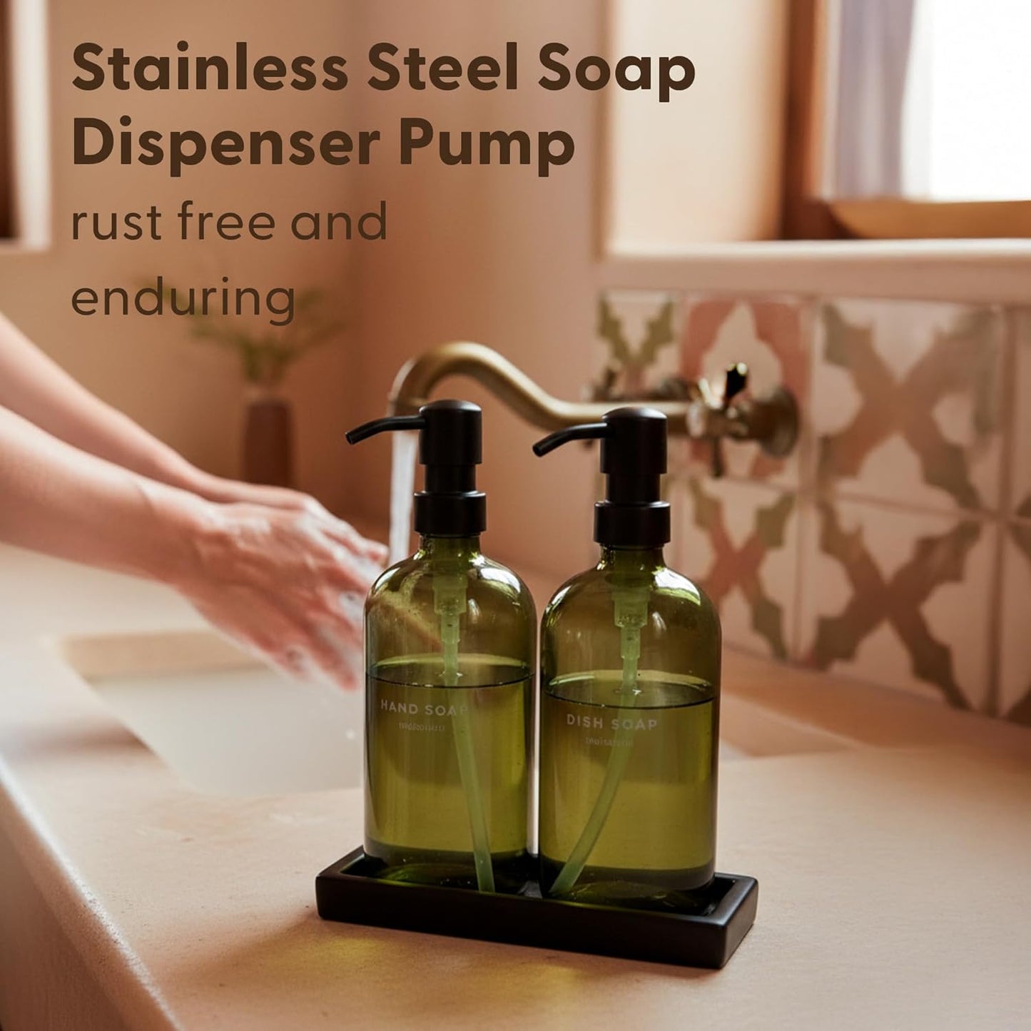 Maisonovo Kitchen Soap Dispenser Set | Hand and Dish Soap Dispenser Set with Handmade Ceramic Vanitry Tray and 16 Waterproof Labels | Green Glass Bottles & Black Pumps