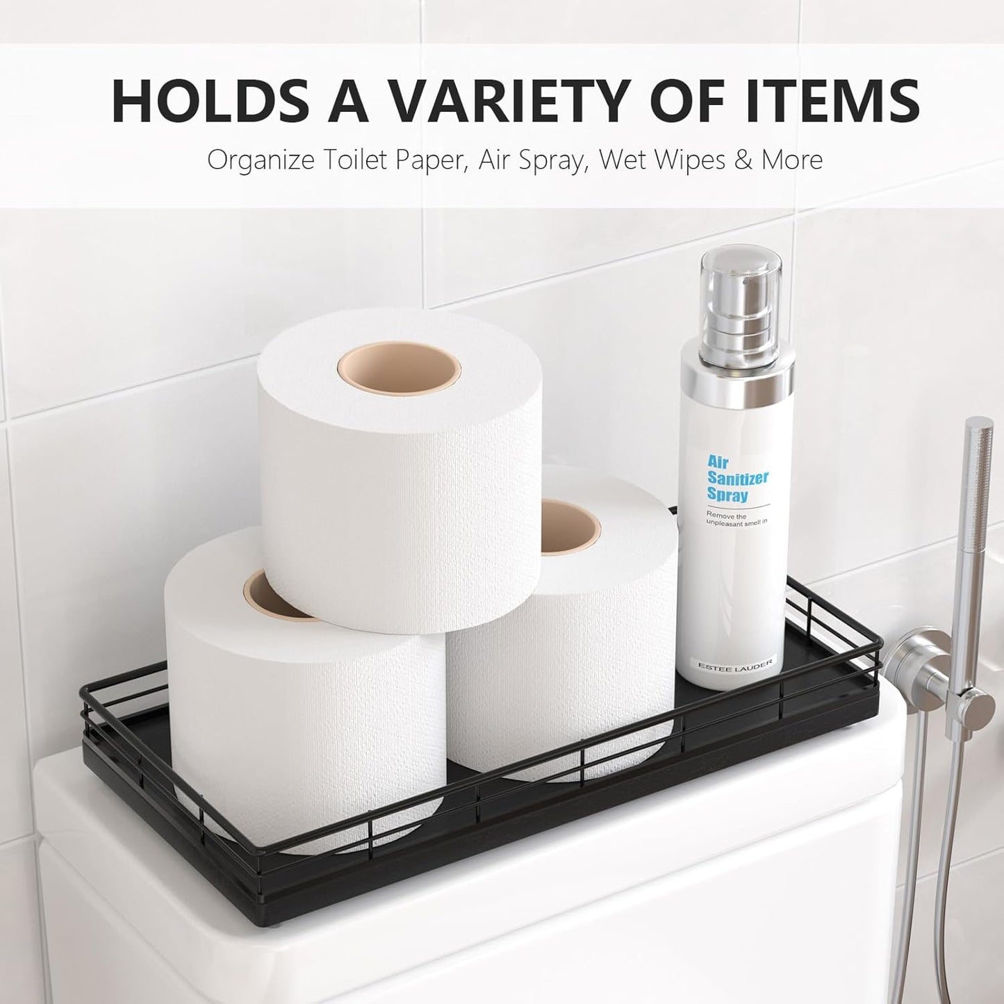 Toilet Paper Basket Organizer – Oak Wood Toilet Tank Tray with Metal Frame, Back of Tank or Top Bathroom Counter Storage – Black Modern Decor