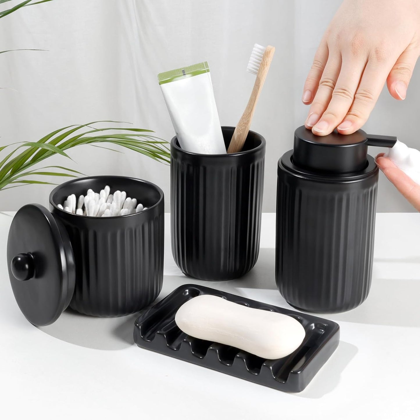 BosilunLife Black Bathroom Accessories Set - Ceramic Bathroom Counter Soap Set Bathroom Decor Sets Accessories Bathroom Lotion Soap Dispenser and Toothbrush Holder Set, Soap Dish, Apothecary Jars