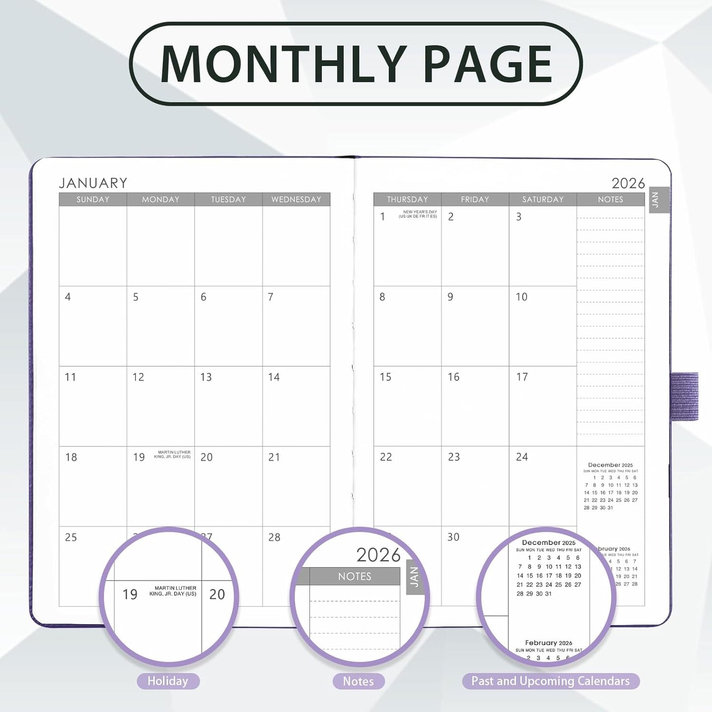 2026 Planner - Planner 2026, 2026 Weekly Monthly Planner, Jan.2026 - Dec.2026, 5.7'' x 8.4'', Thick Paper, Leather Cover, Pen Holder, Back Pocket, Bookmarks, Perfect Daily Organizer - Purple