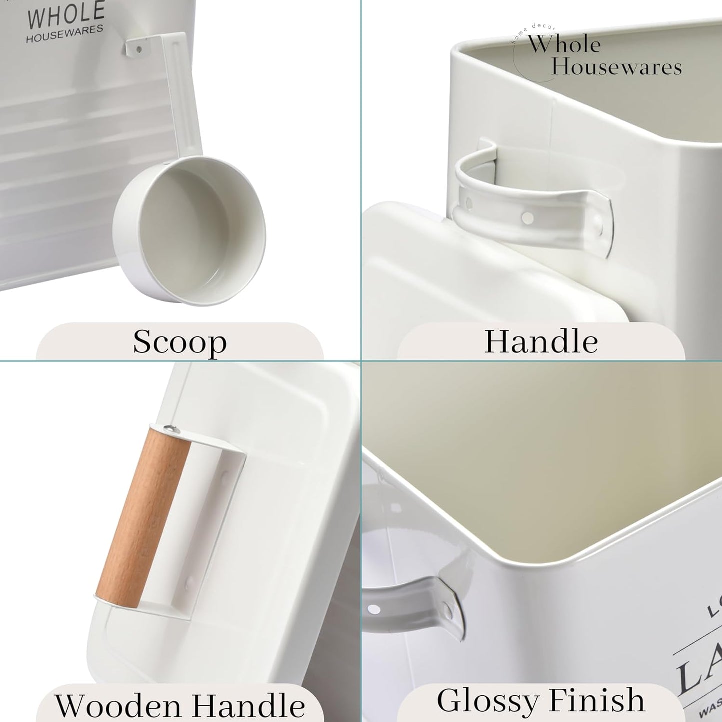 Whole Housewares Laundry Detergent Container - Tin Farmhouse Metal Laundry Powder Soap Dispenser With Scooper, Airtight Lid And Handles - Vintage Soap Pod Holder Storage Bin With Lid And Scent Holders