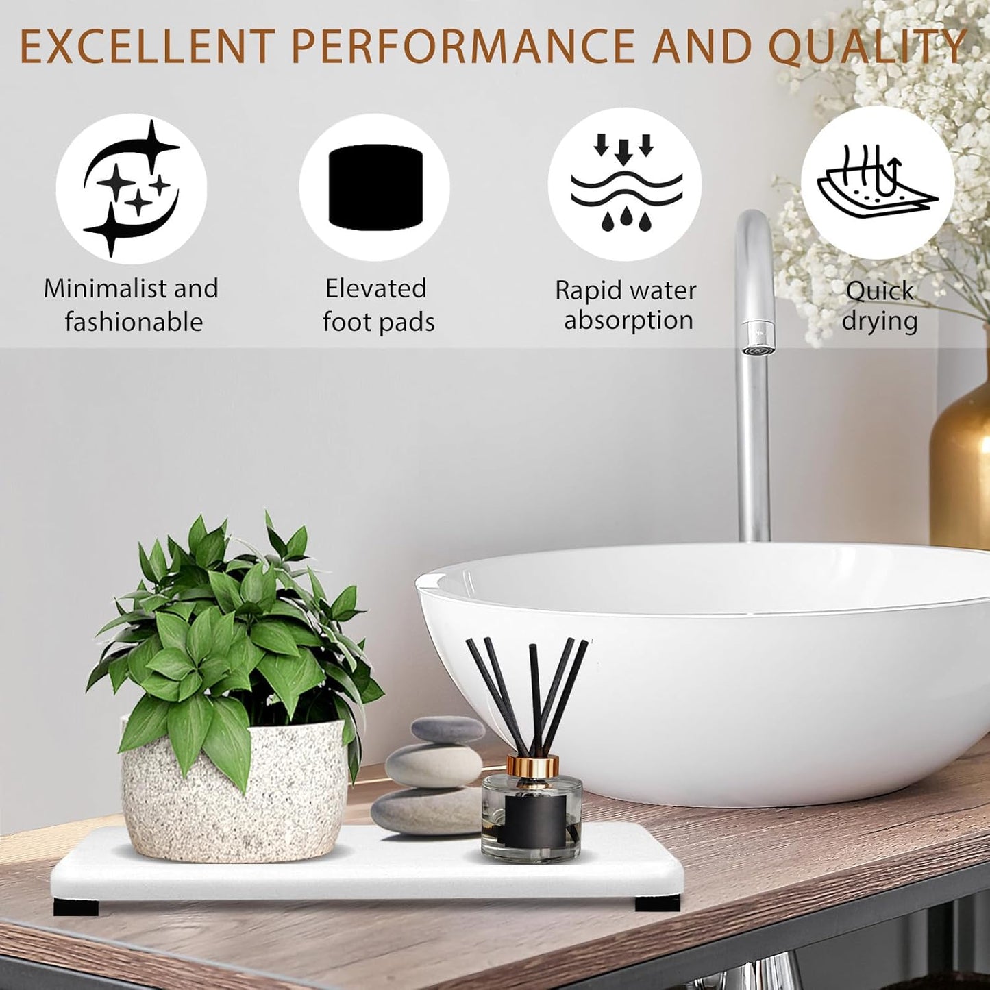 6PCS Fast Drying Diatomite Bathroom Tray, Water Absorbent Diatomite Coasters, Soap Dish Holders Toothbrush Holders for Bathroom Counter, Water Absorbing Stone Sink Organizer for Bathroom and Kitchen