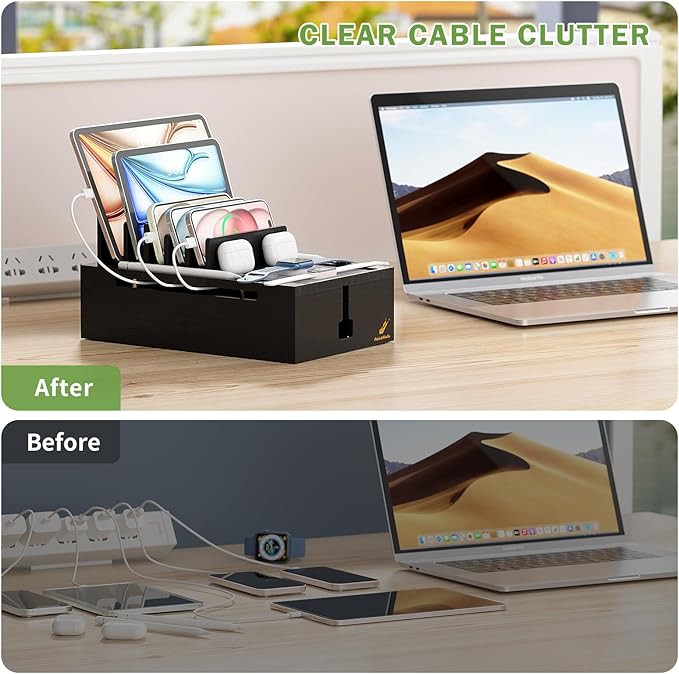 Pezin & Hulin Bamboo Charging Station for Multiple Devices, USB Charger Dock Organizer, with Power Supply (10 Ports HUB), 6 Cables, Cable Management Organizer for Cell Phones, Tablets -Black