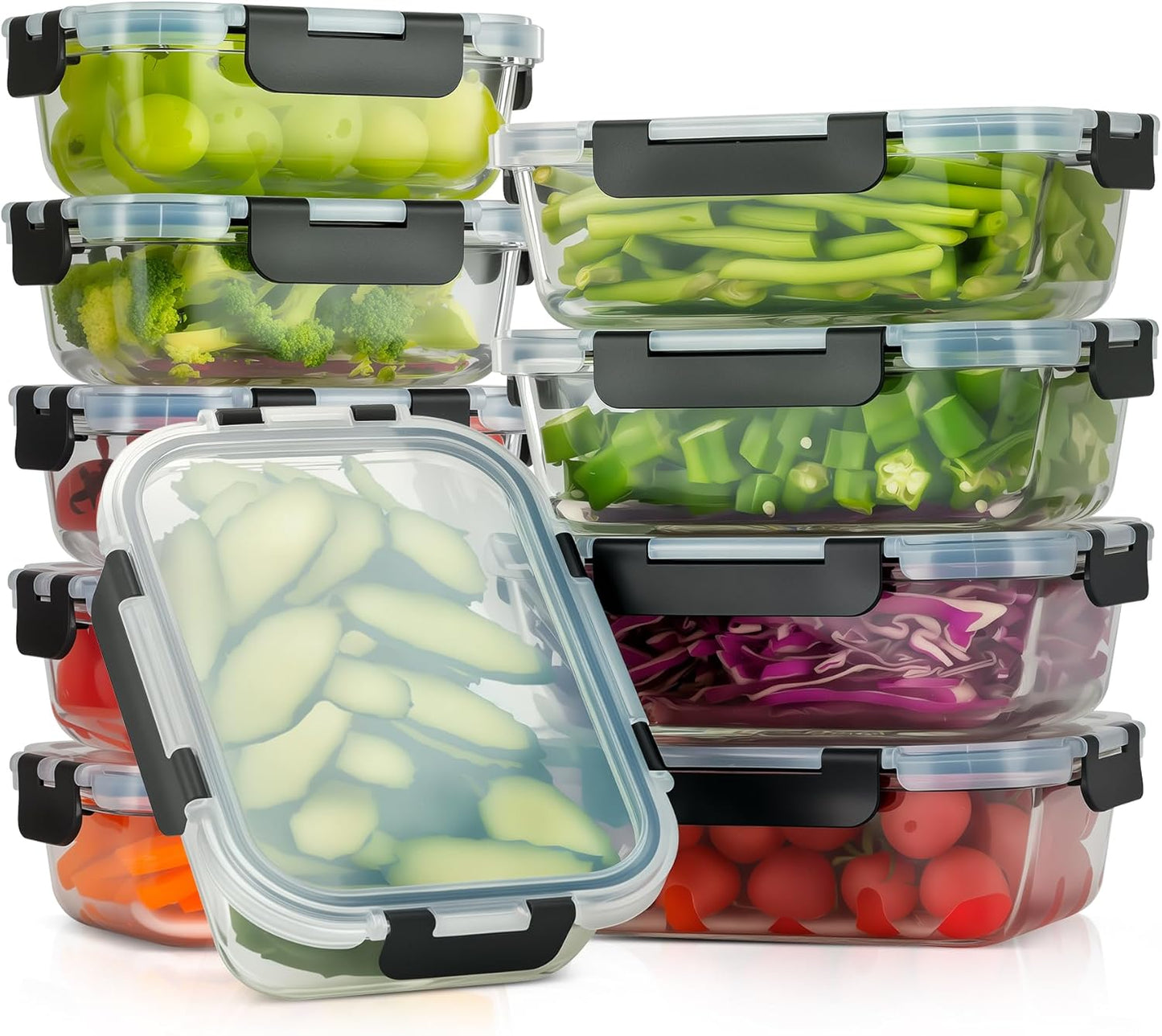 [10-Pack Glass Meal Prep Containers with Lids, Food Storage Containers with Snap Locking Lids, Airtight Lunch Containers, Microwave, Oven, Freezer and Dishwasher,Black