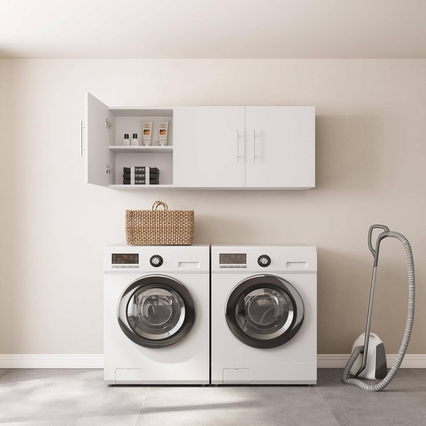 Laundry Wall Cabinet, 54"W x 12"D x 20"H Wooden Wall Mounted Storage Cabinet, 3 Door Cabinet with Soft Close and Metal Handle and Adjustable Shelf, for Kitchen, Garage, Laundry, Bathroom, White