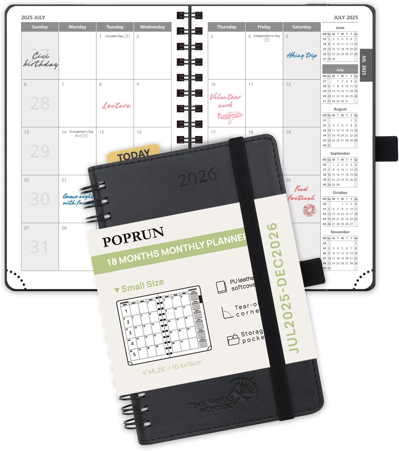 POPRUN Monthly Planner 2025-2026 Pocket Size (4" x 6.25") 18 Months Calendar (Jul 2025 - Dec 2026) - 4 Pages per Month with Monthly Expense & Notes, Sunday Start, Leather Cover - Black