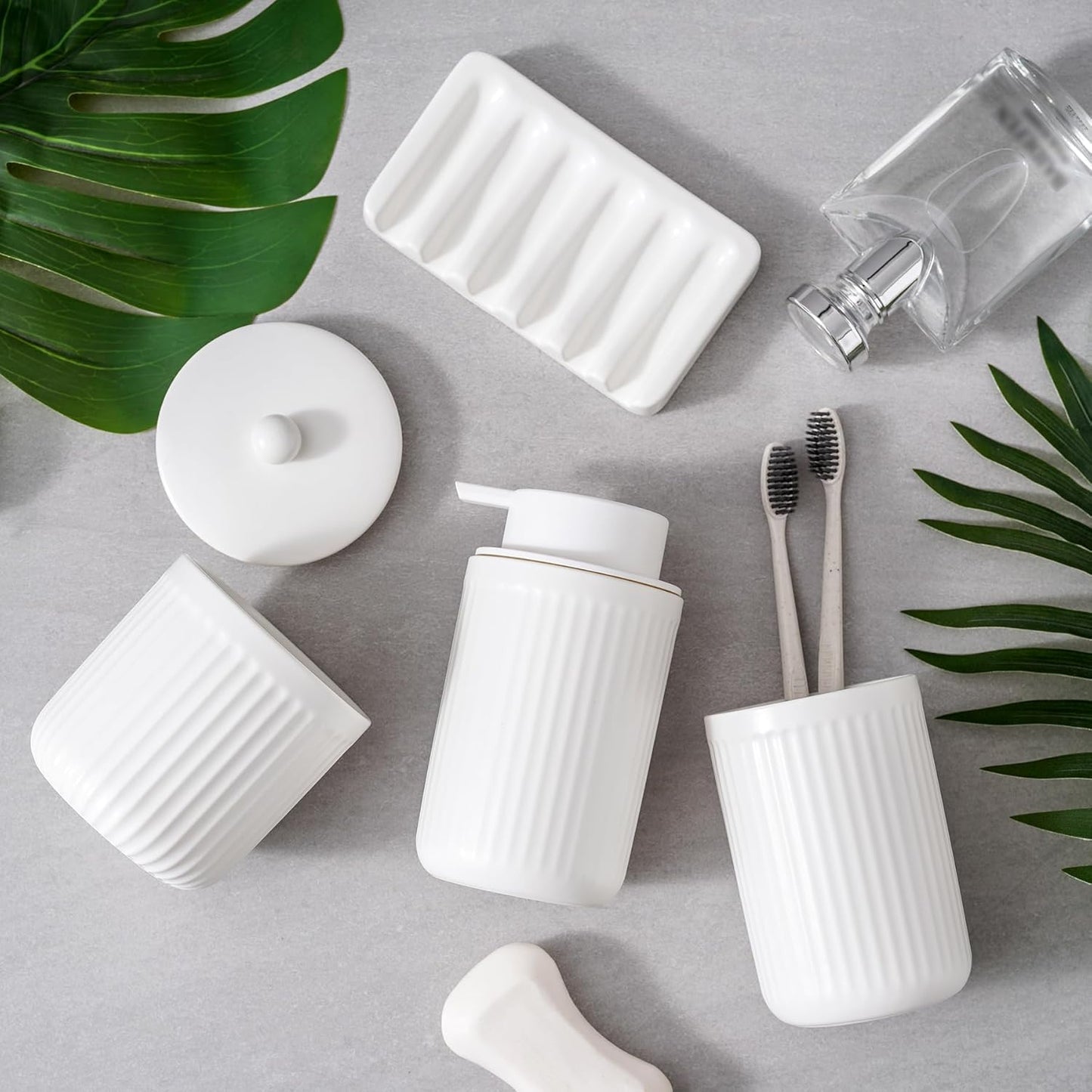 Ceramic Bathroom Accessories Set,Lotion Soap Dispenser and Toothbrush Holder Set, Soap Dish, Apothecary Jars,Rustic Farmhouse Decor, Bathroom Home Decor (White Set, Liquid)