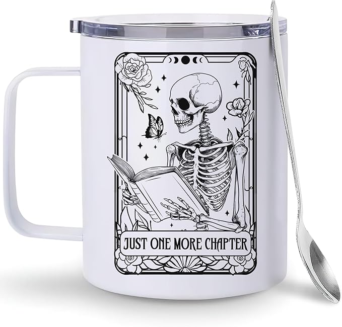 Hyturtle Book Gifts for Book Lovers, 12oz Insulated Stainless Steel Mug With Lid & Spoon, Funny Skeleton Birthday Christmas Gifts For Readers, One More Chapter, Reading Coffee Cup Present Keepsake