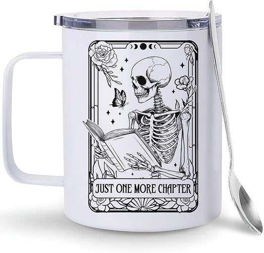 Hyturtle Book Gifts for Book Lovers, 12oz Insulated Stainless Steel Mug With Lid & Spoon, Funny Skeleton Birthday Christmas Gifts For Readers, One More Chapter, Reading Coffee Cup Present Keepsake