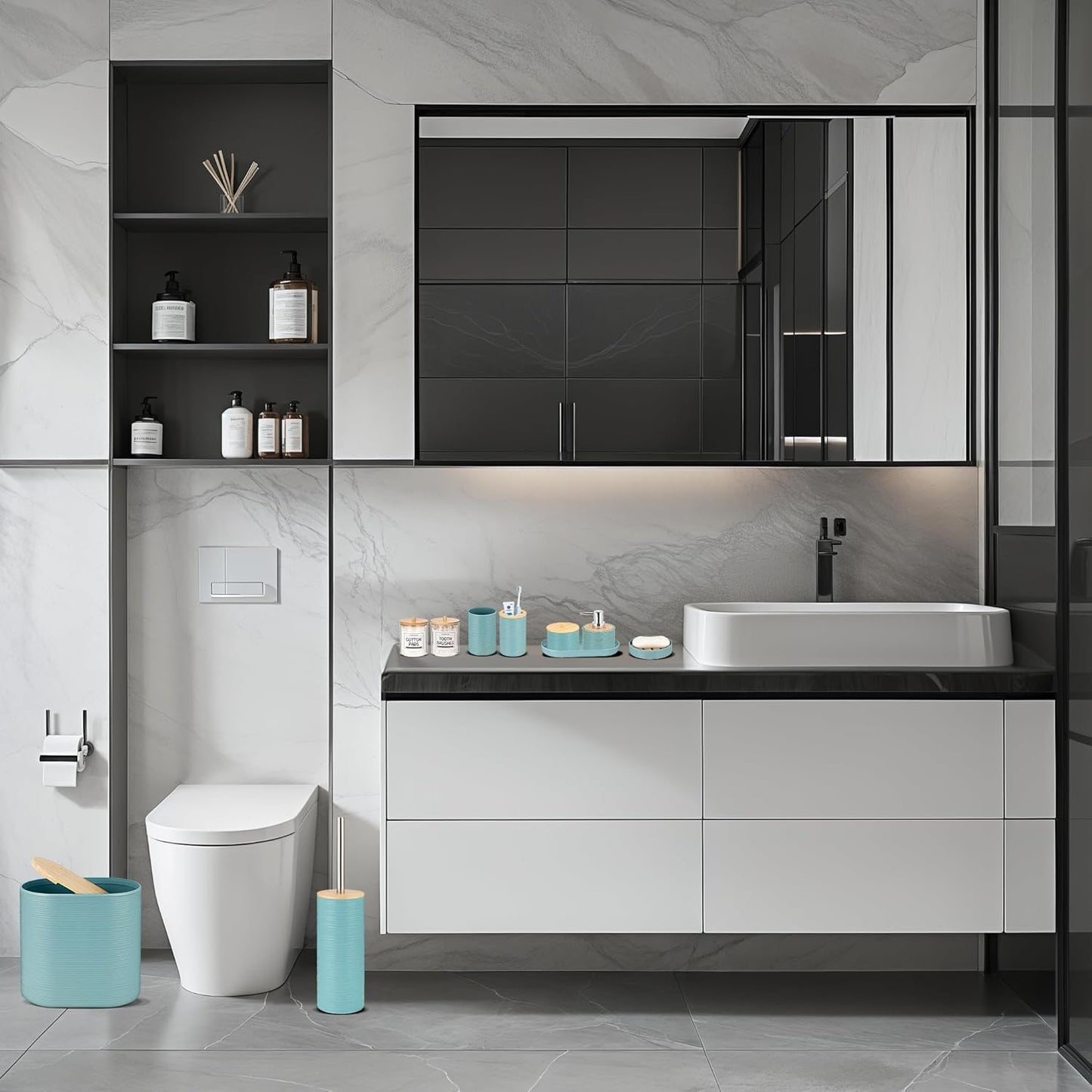 IMAVO Bathroom Accessory Set-11Pcs Blue Bathroom Accessories Set with Trash Can,Soap Dispenser,Soap Dish,Toothbrush Holder,Toothbrush Cup,Toilet Brush Holder,Qtip Holder Dispenser with Labels