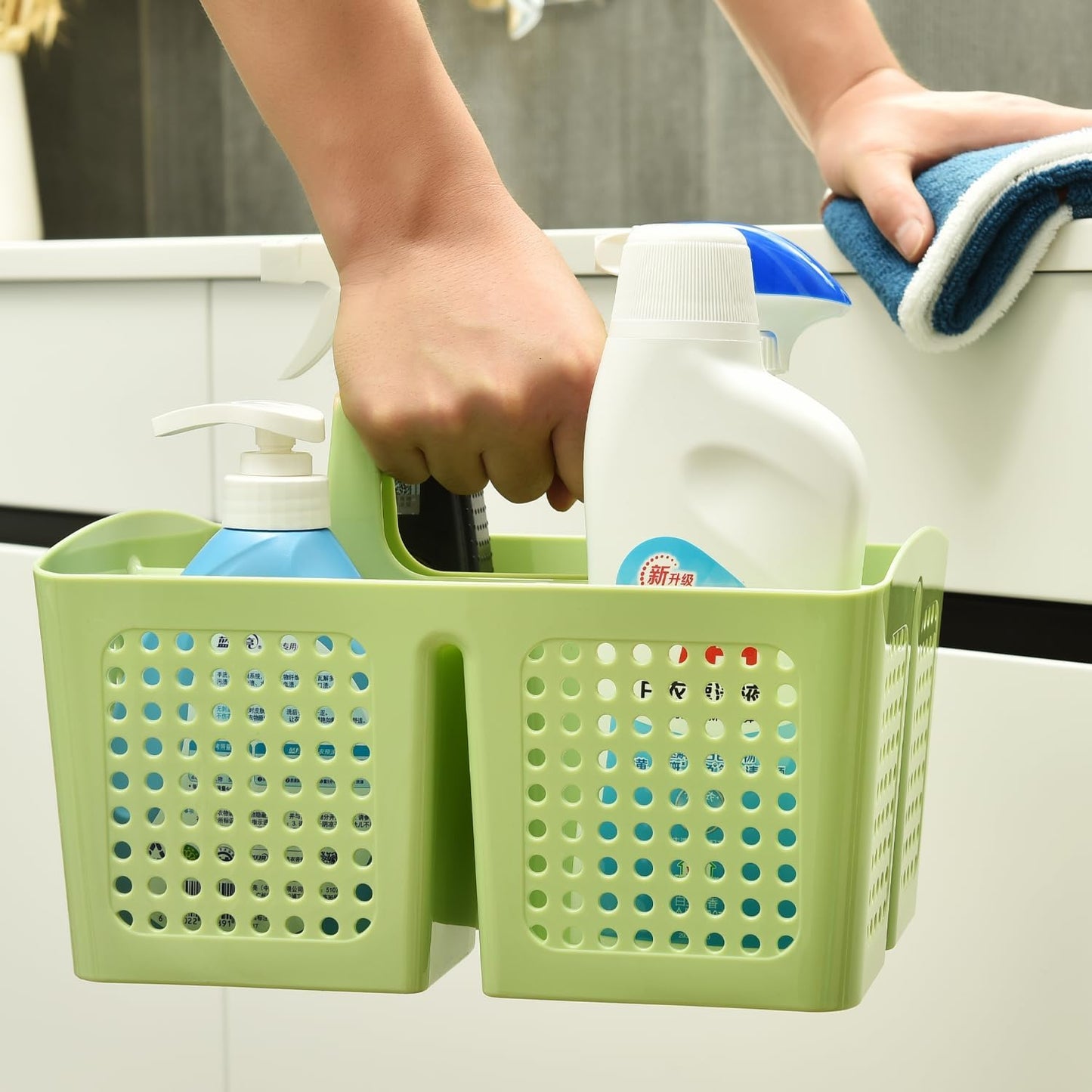 Portable Shower Caddy Basket with Compartments, Plastic Divided Cleaning Caddy Organizer Storage Tote with Handle for Bathroom, College, Dorm Room Essentials, Grass Green