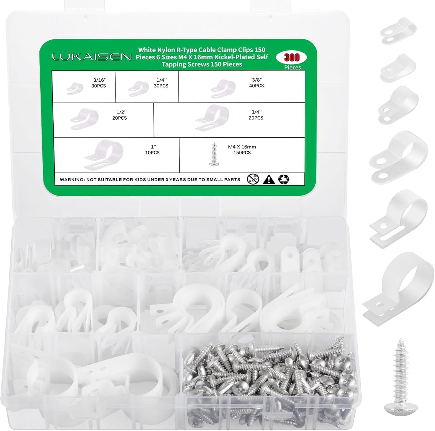 300PCS White Cable Clamps Assortment Kit, Nylon Plastic R-Type 6 Sizes 3/16'' 1/4'' 3/8'' 1/2'' 3/4'' 1'' Cable Mounting Wire Clips Fastener with M4 Screws for Wire Management