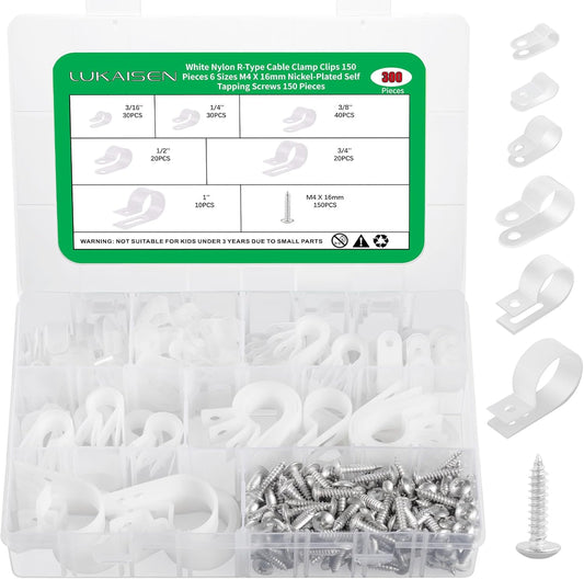 300PCS White Cable Clamps Assortment Kit, Nylon Plastic R-Type 6 Sizes 3/16'' 1/4'' 3/8'' 1/2'' 3/4'' 1'' Cable Mounting Wire Clips Fastener with M4 Screws for Wire Management