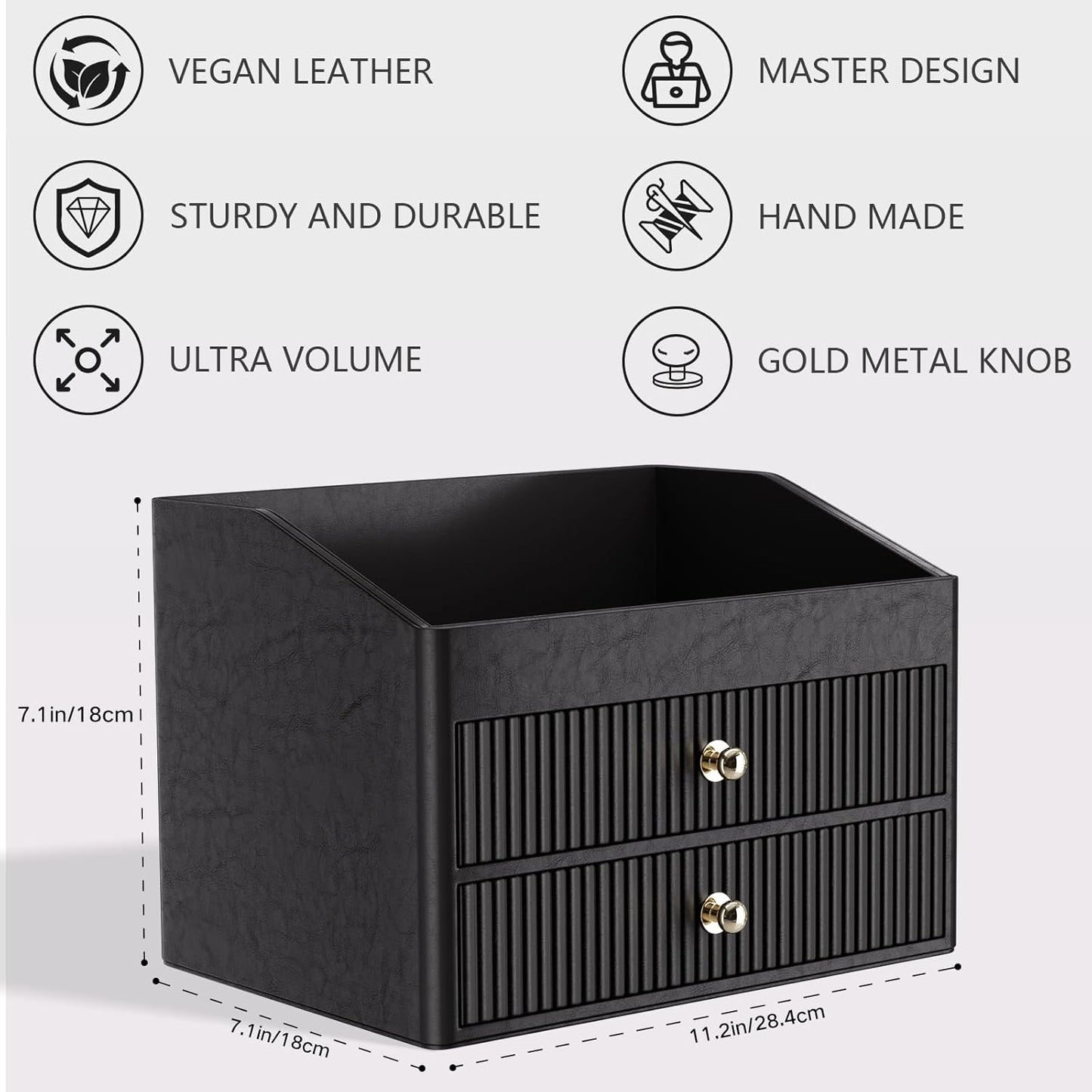Office Supplies,Black Vegan Leather Office Organization with 2 Drawers & Tray,Glasses Holder with Gold-Tone Metal Accents Knob for End Tables,Bedside Table,Bedroom