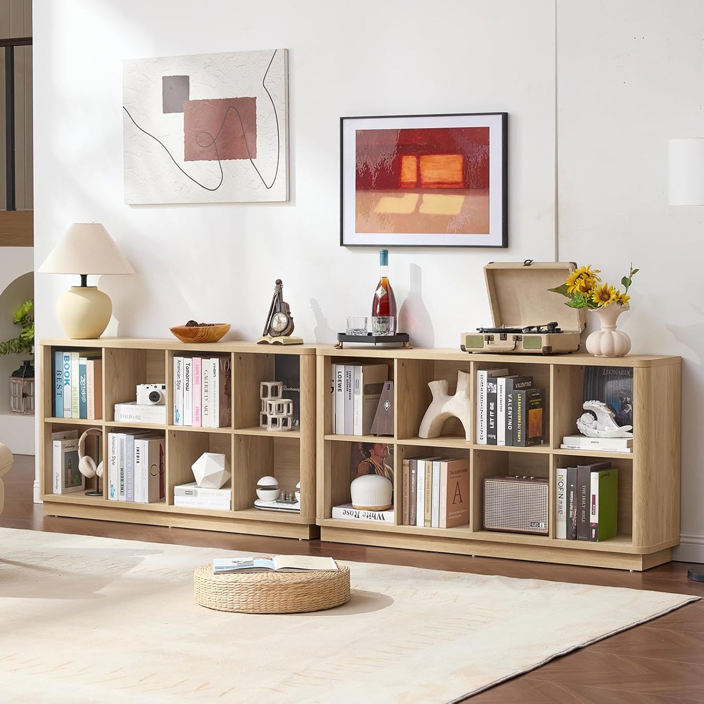 8 Cube Storage Book Shelf, 52" Long Horizontal Bookshelf with Curved Edge, Floor Standing Wooden Cubby Bookcase with Base, Modern Low Console Book Case, TV Stand for Living Room, Natural Oak