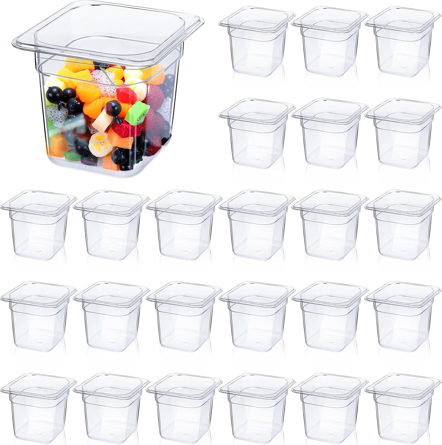 Yinder 24 Pcs Plastic Clear Food Pans 1/6 Size Stackable Polycarbonate Food Containers with Capacity Indicator Restaurant Commercial Hotel Pan for Fruits Vegetables Beans Corns (6'' Deep)