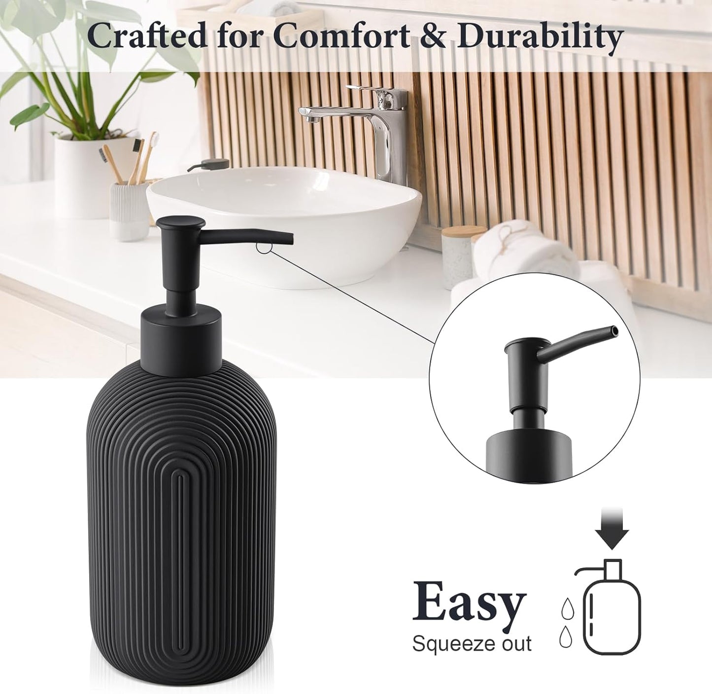 Bathroom Accessories Set - 7-Piece Resin Bathroom Set, Toothbrush Holders Set, Soap Dispenser, Qtip Holder Dispenser, Tumbler, Soap Dish & Tray, Modern Bath Decor for Home Dorm Hotel (Black)