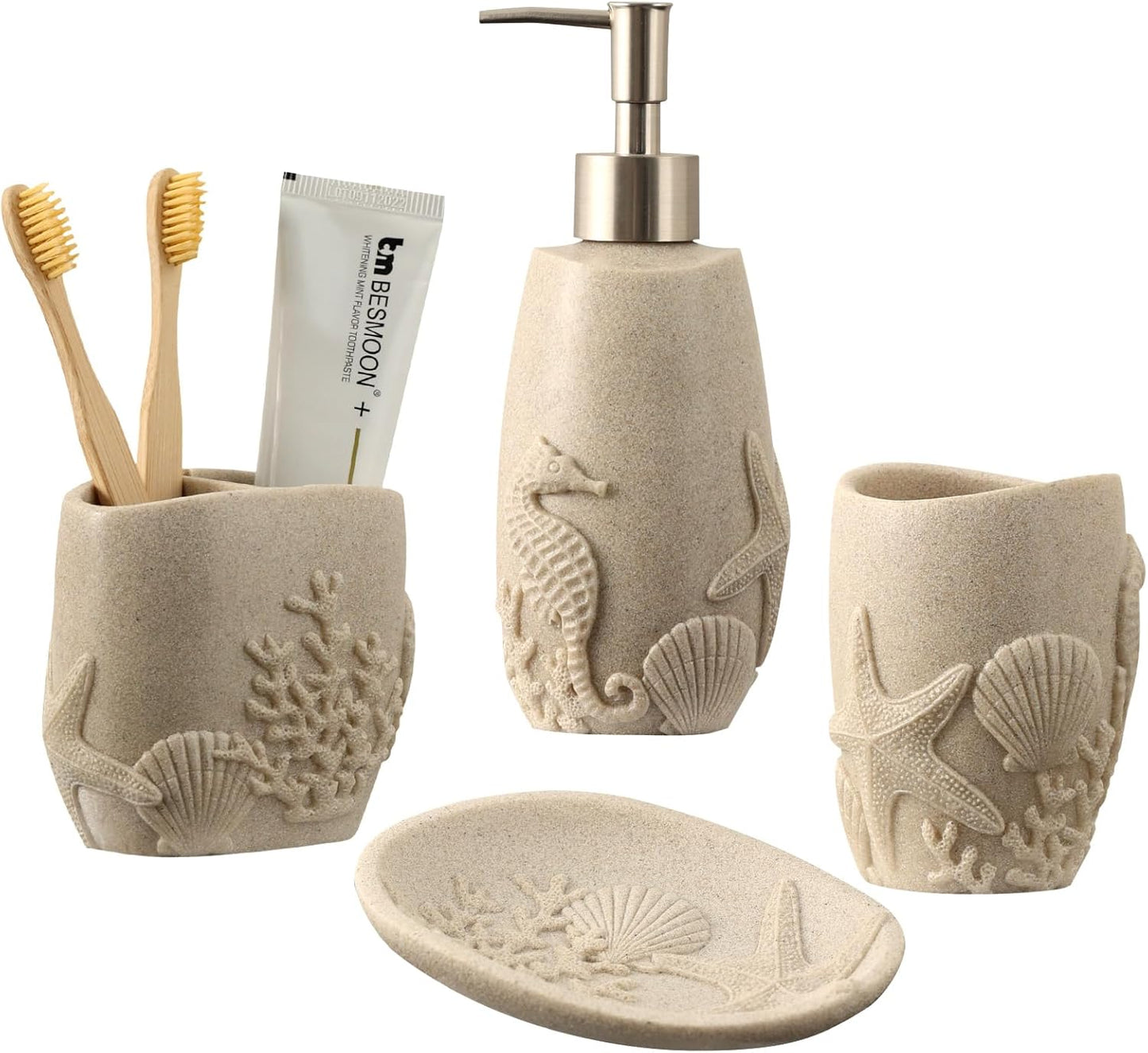 Bathroom Accessories Set, 4 PCS Bathroom Accessory Sets with Soap Dispenser, Toothbrush Holder, Tumbler, Soap Dish, Bathroom Countertop Organizer, Sea Bathroom Decor (Beige)
