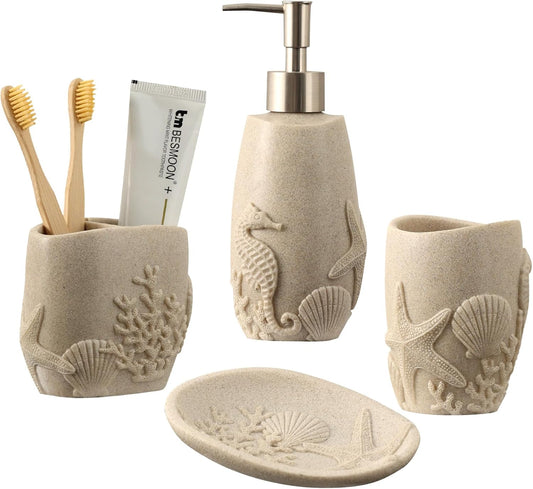 Bathroom Accessories Set, 4 PCS Bathroom Accessory Sets with Soap Dispenser, Toothbrush Holder, Tumbler, Soap Dish, Bathroom Countertop Organizer, Sea Bathroom Decor (Beige)