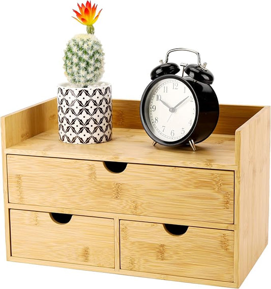 Bamboo Desk Organizer 3 Drawer with Shelf, Countertop Organizer with Drawers Makeup Storage Drawer 3 Drawers Tabletop Storage Organization Box Home Office Workspace