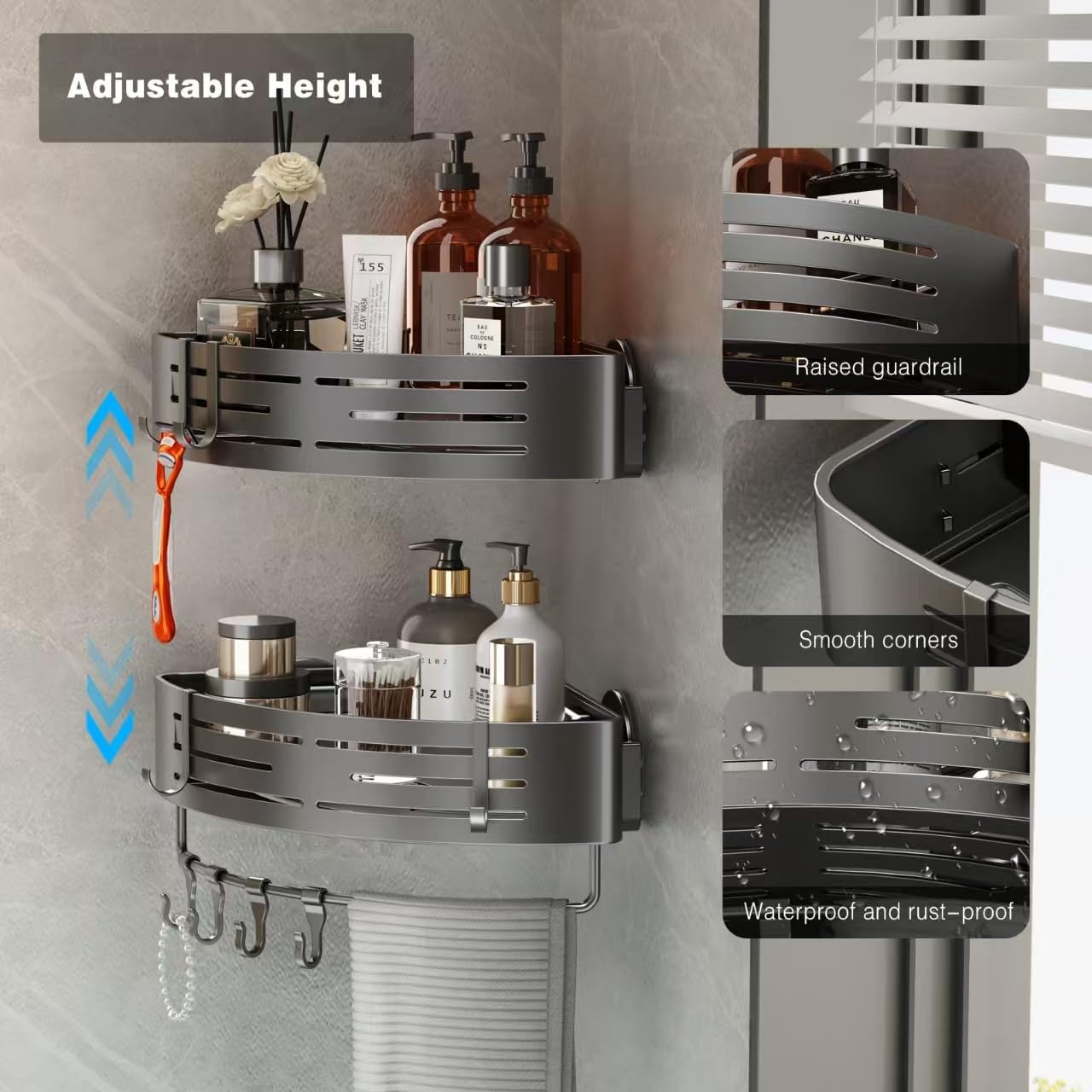 Voldra Corner Shower Caddy Suction Cup, 1 Pack Corner Shower Shelves No Drilling, Aluminum Upgrade Suction Cup Shower Organizer Corner with Towel Bar & Hooks Removable Bathroom Storage Rack(Gray)