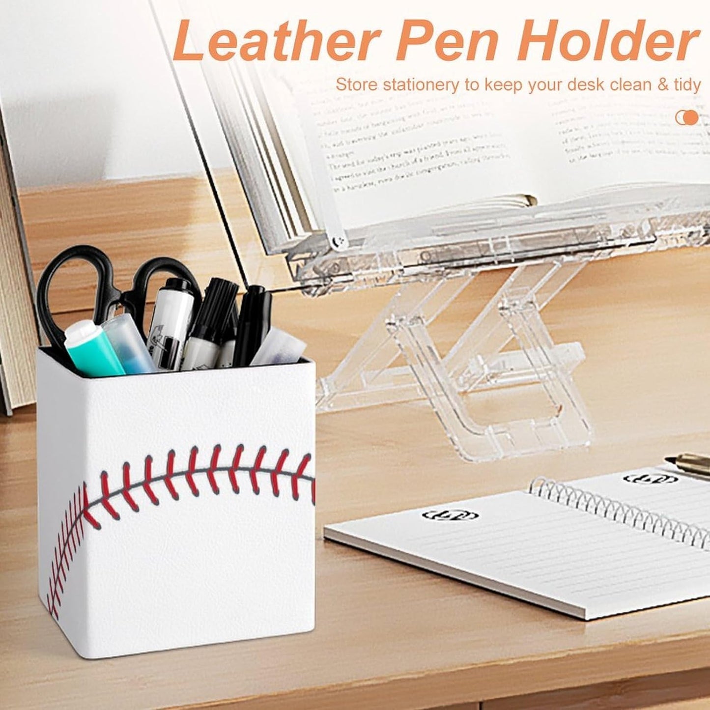 Square Pen Holder & Pencil Organizer for Desk - Office Storage Organizer, Markers/Makeup Brushes/Scissors Holder, Compact Desk Decor Accessories for Home Classroom School(Baseball Design)