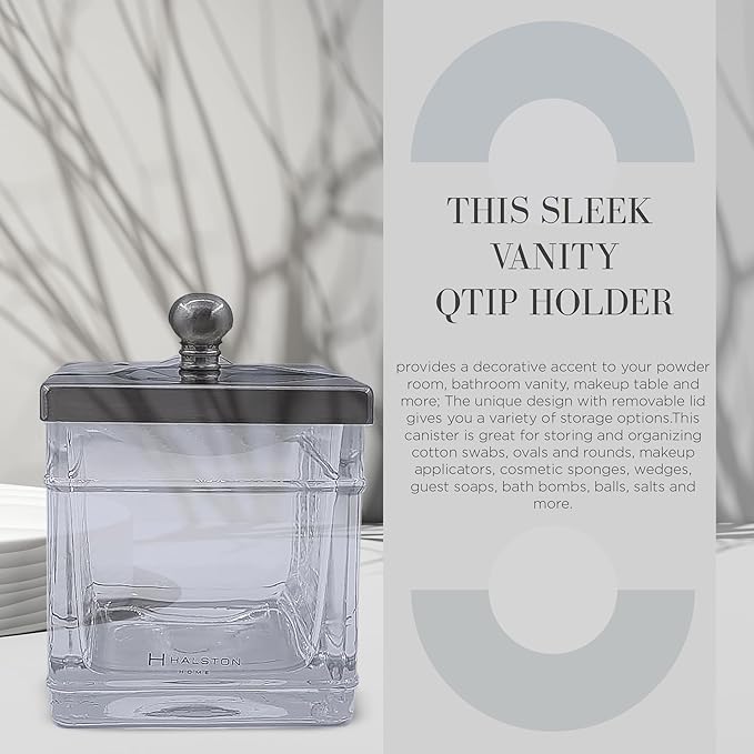 Apothecary Glass Cotton Jar Holder Brushed Nickel Stainless Steel Lid, Elegant Bathroom Storage Canister for Qtips, Cotton Balls, Floss, Makeup Organizer, Vanity Bathroom Organization