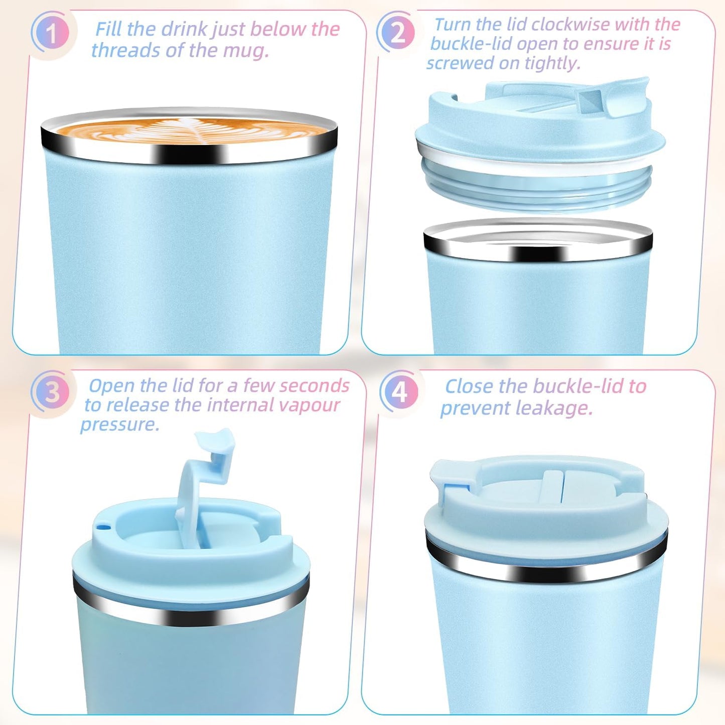 Insulated Travel Coffee Mug Reusable Coffee Tumbler Cup with Flip Lid Leak Proof Spill Proof for Office School Party Camping Hot and Cold Drink,Stainless Steel 17oz (Light Blue)