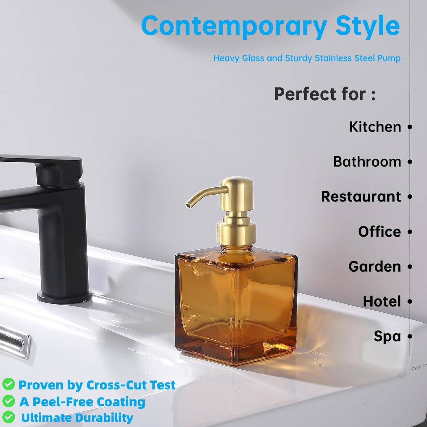 Square Bathroom Soap Dispenser Amber Bottle with Brushed Gold Pump, Retangle Cube 8.4 oz Glass Bottles with Stainless Steel Pump Hand Liquid Soap Dispenser Kitchen