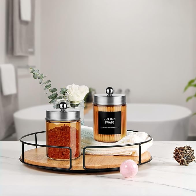 Amolliar Bronze Glass Apothecary Jar With Metal Lid & Stickers, Bathroom Qtip Dispenser Storage Canister, Perfect for Cotton Balls, Cotton Swabs, Makeup Pads, Bath Salt, Floss, 2 Pack (Brushed Nickel)