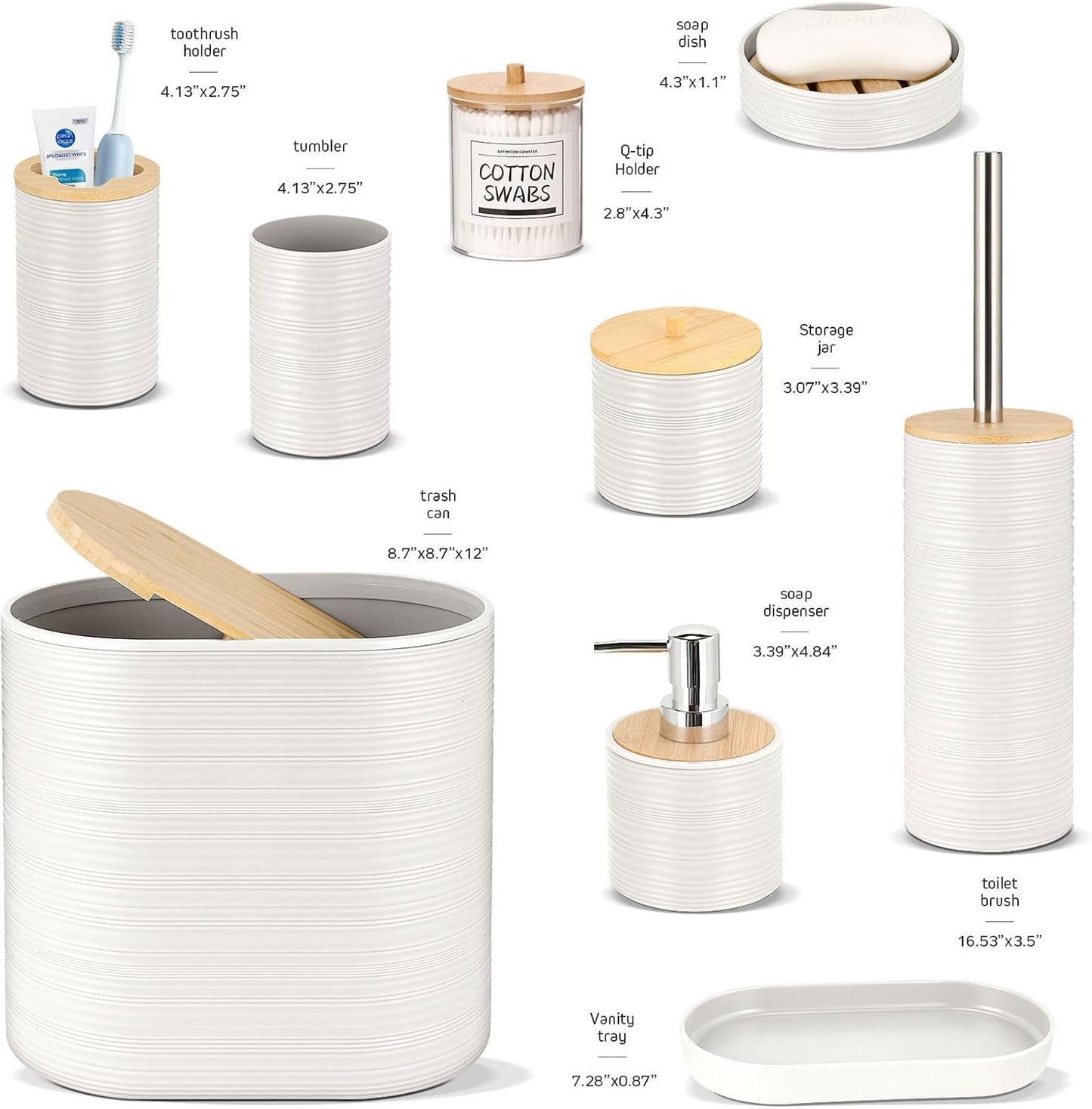 IMAVO Bathroom Accessory Set-11Pcs White Bathroom Accessories Set with Trash Can,Soap Dispenser,Soap Dish,Toothbrush Holder,Toothbrush Cup,Toilet Brush Holder,Qtip Holder Dispenser with Labels