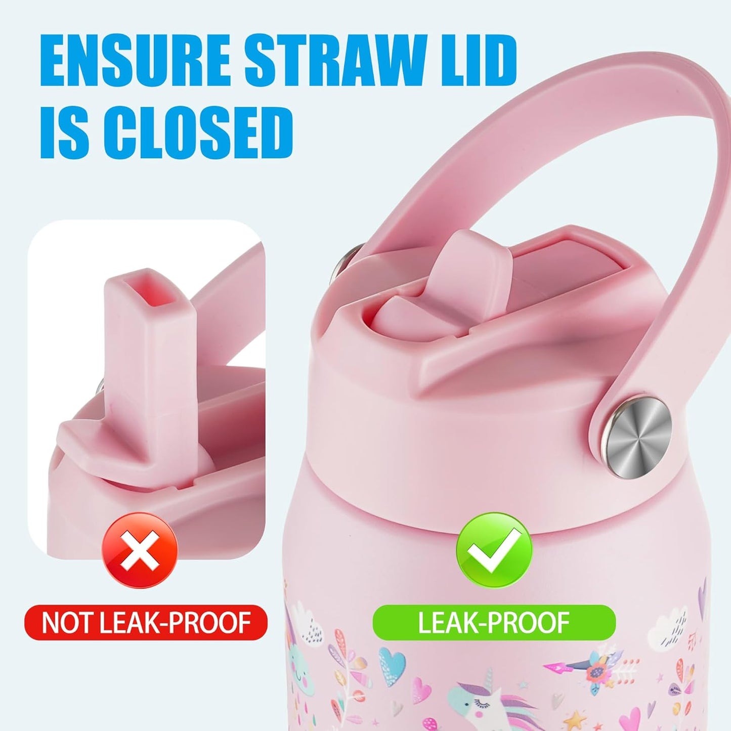 OLDLEY kids Water Bottle - 18oz Insulated Stainless Steel - Wide Straw Lid, Non Spill, Leakproof, Kids Water Bottle for School,Unicorn