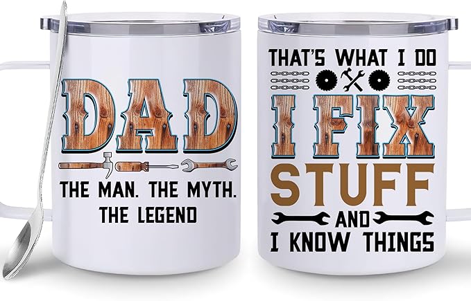 Hyturtle Dad Mug With Lid & Spoon Gifts from Son Daughter, 12oz Insulated Stainless Steel, Funny Christmas Birthday Gifts For Mechanic Dad Father, Unique Gift Ideas For Him Men Coffee Tea Mug Cup