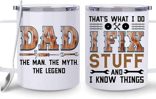 Hyturtle Dad Mug With Lid & Spoon Gifts from Son Daughter, 12oz Insulated Stainless Steel, Funny Christmas Birthday Gifts For Mechanic Dad Father, Unique Gift Ideas For Him Men Coffee Tea Mug Cup