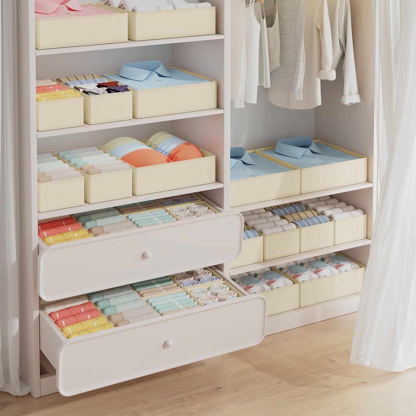 DIMJ Drawer Organizer Clothes 15 Pack - Foldable Baby Organizers and Storage & Dresser Organizer for Bedroom, Closet - Nursery Organization Dresser Dividers for underwear, Sock,Bra, Belt, Tie, Beige