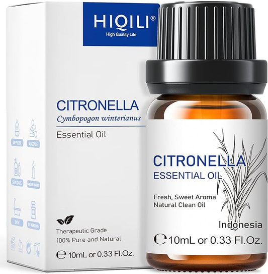 HIQILI 0.33 Fl Oz Citronella Oil for Homemade Sprays, Add to Diffuser, 100% Pure and Natural Undiluted, Portable - 10ml
