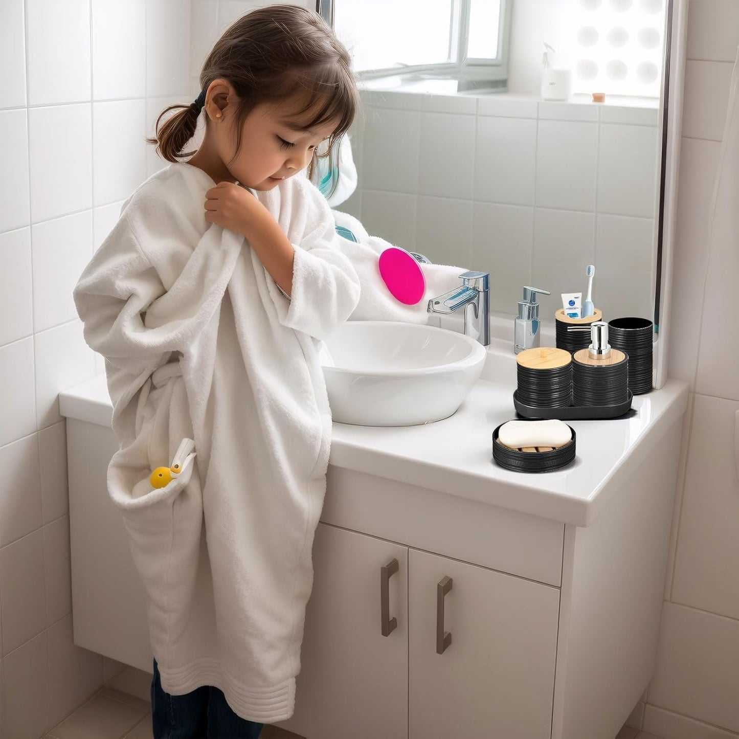 IMAVO Bathroom Accessory Set-11Pcs Black Bathroom Accessories Set with Trash Can,Soap Dispenser,Soap Dish,Toothbrush Holder,Toothbrush Cup,Toilet Brush Holder,Qtip Holder Dispenser with Labels