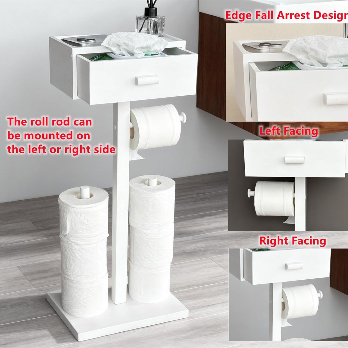 Freestanding Toilet Paper Holder Stand with Shelf, White Wooden Toilet Paper Roll Holder with Wet Wipes Storage Drawer,Bathroom(2 Rods,Stores 6 Rolls)