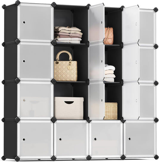 SONGMICS Cube Storage Organizer, Set of 16 Plastic Cubes, Closet Storage Shelves, DIY Plastic Closet Cabinet, Modular Bookcase, Shelving with Doors for Bedroom, Living Room, Black and White ULPC44HS