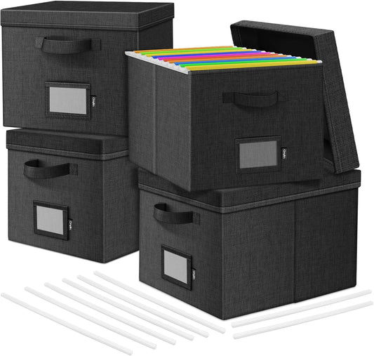 File Organizer Boxes with Lid, Linen Hanging File Storage Boxes with Handle, Collapsible Document Filling Boxes for Letter/Legal Folder, Portable File Box for Office/Decor/Home (4 Pack, Black)