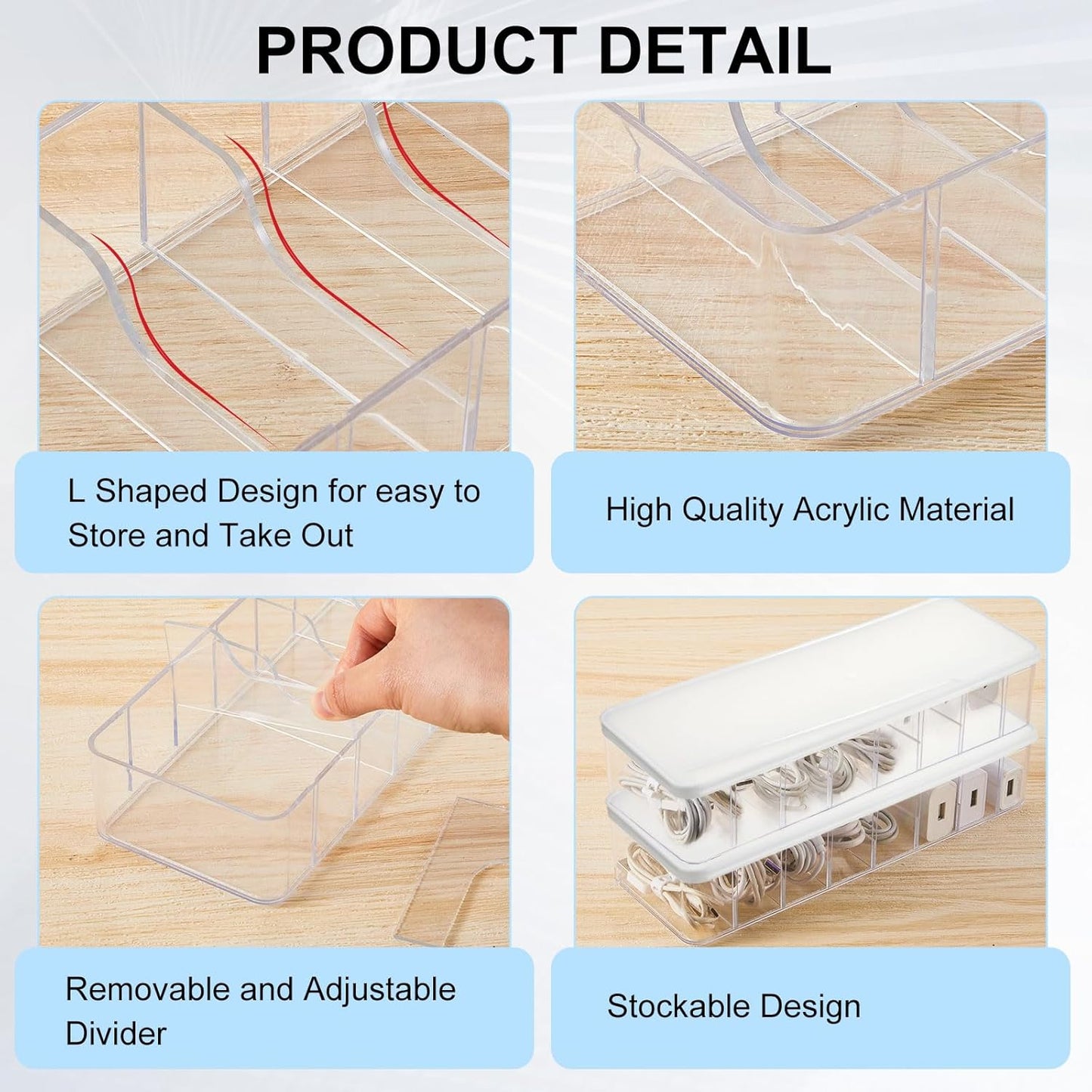 Tatuo 1 Pcs Cable Organizer Box with Wire Ties, Plastic Cord Storage Box with Lid, Electronics Organizer for Home Office Desk Organizers and Accessories (Clear,White)