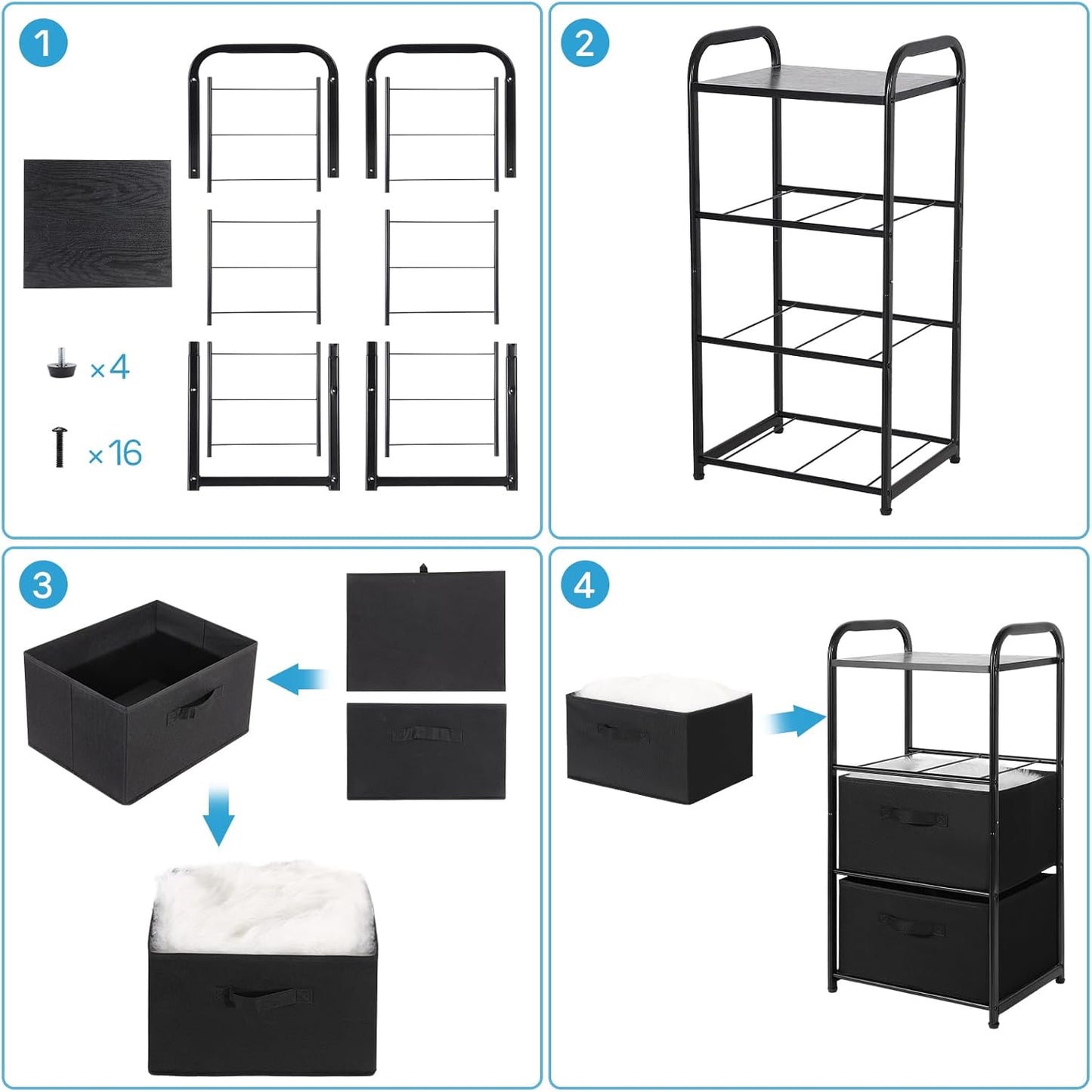 MAX Houser Dresser Storage with 3 Easy Pull Fabric Drawers, Fabric Dresser Tower,Vertical Storage Unit for Bedroom,Chest of Drawers with Metal Frame, Wooden Tabletop, for Living Room, Closet (Black)