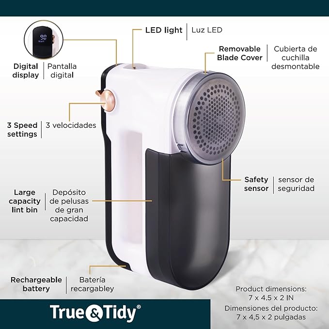 True & Tidy XL Rechargeable Fabric Shaver with Light, 6-Leaf Steel Blades, 3-Speed Motor, LED Digital Display, Lint Remover for Clothes, Furniture & Upholstery (White, Turbo)