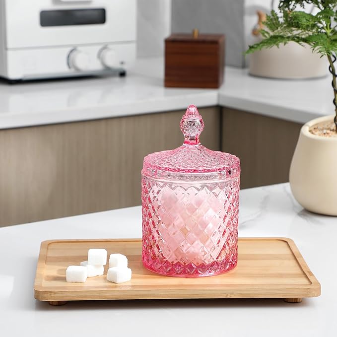 rejomiik 2 Pack Qtip Holder Glass Apothecary Jars with Lid for Bathroom Canisters Dispenser Decor, Storage Organizer for Cotton Swabs, Balls, Pads, Floss Picks, Candy, Pink