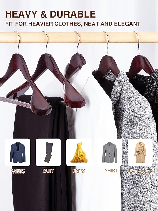 SMARTOR Suit Hangers for Men 12 Pack, Wide Shoulder Wooden Suit Hangers with Non Slip Pant Holder, Wide Hanger for Suit, Coat, Jacket, Gown, Heavy Duty Wood Suit Hanger, Cherry