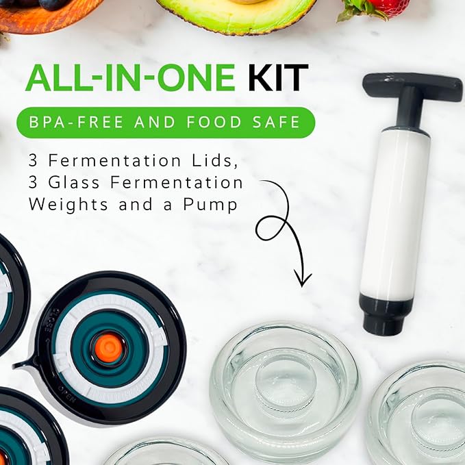 Fermentation Lids Starter Set, Includes 3 Airlock Fermentation Lids and 3 Glass Weights, Sauerkraut Fermenting Kit for Wide Mouth Mason Jar, Pickles, Vegetables, & Kimchi Making Kit