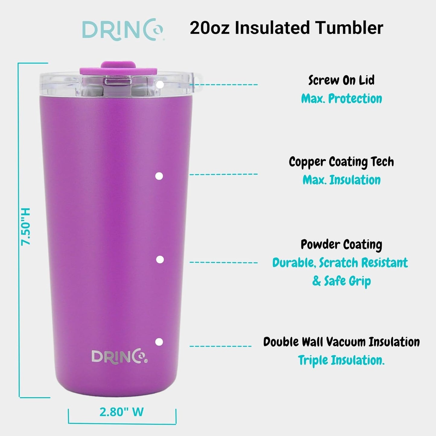 Drinco - 20 oz Stainless Steel Tumbler | Double Walled Vacuum Insulated Mug With Lid, 2 Straws, For Hot & Cold Drinks (20oz Deep Purple, 20oz)