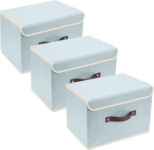 TYEERS Collapsible Storage Boxes, Washable Fabric Storage Bins with Lids, 14.9x9.8x9.8 inches, 3 Pack, Aqua Spring